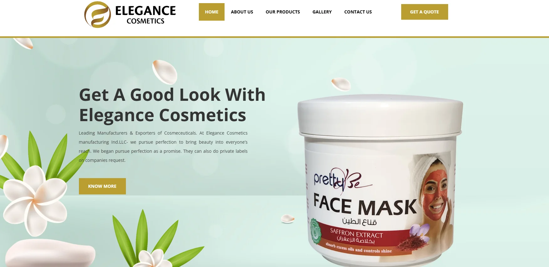 Elegance Cosmetics webpage showcasing a saffron extract face mask with floral design elements.
